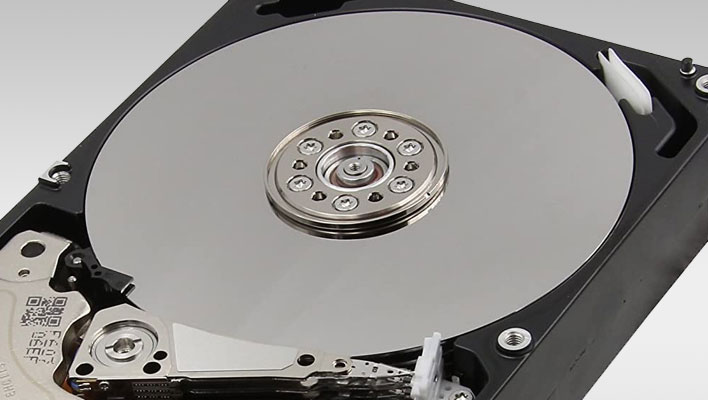 Closeup of a Toshiba hard drive's platters