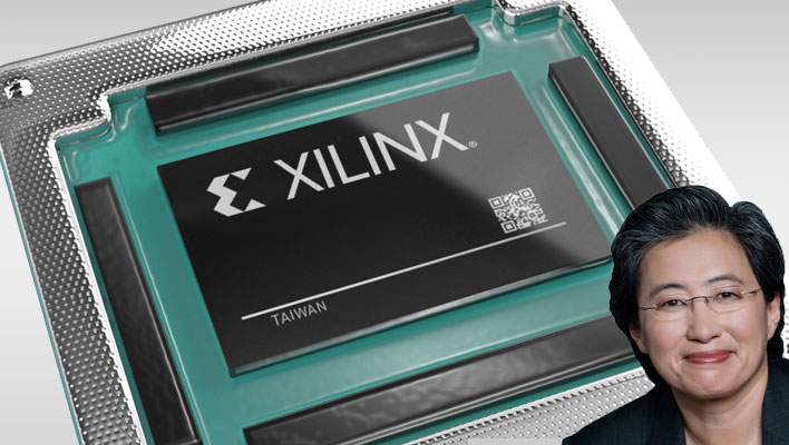Xilinx chip with AMD CEO Dr. Lisa Su in the lower right corner
