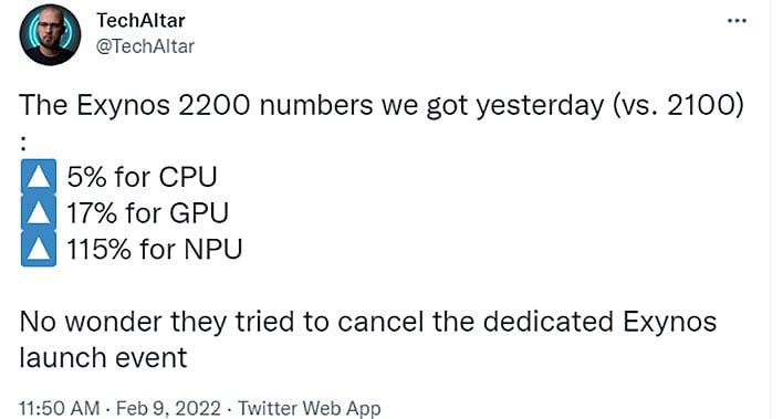 Exynos 2200 Tweet