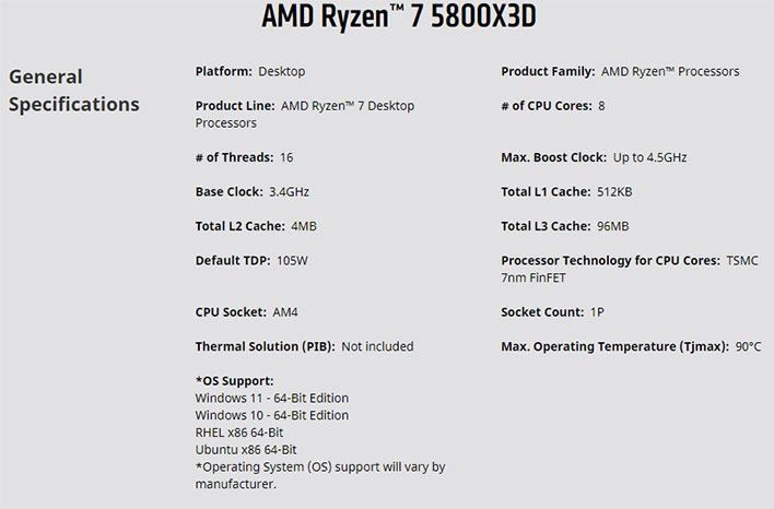 AMD Ryzen 7 5800X3D Specs