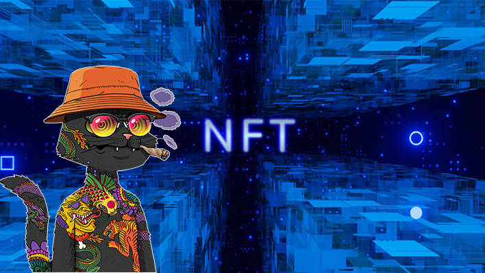 Cat smoking on a blue background with NFT written in the middle