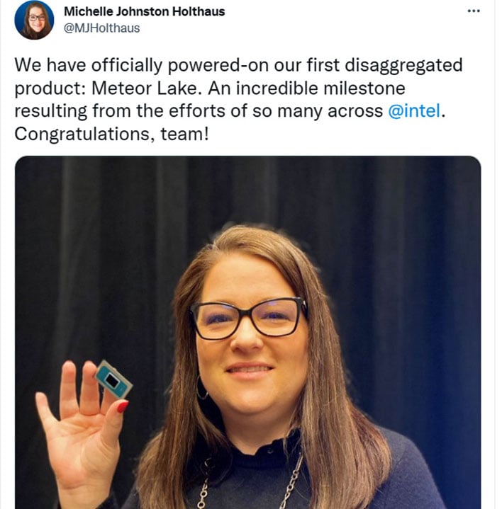 Intel Michelle Johnston Holthaus holds Meteor Lake Chip