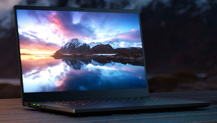Razer Blade 15 laptop with OLED display (open and angled)