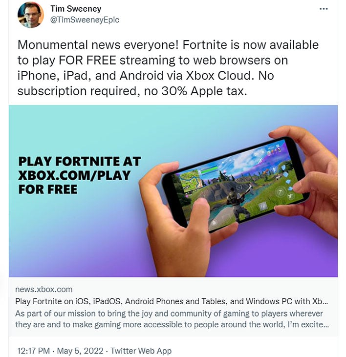 Tim Sweeney tweet about Fortnite on Xbox Cloud Gaming