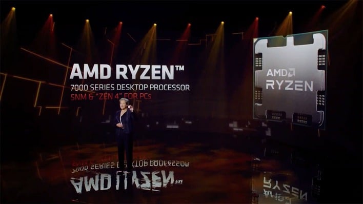 AMD Dr. Lisa Su on stage in front of a Ryzen 7000 CPU