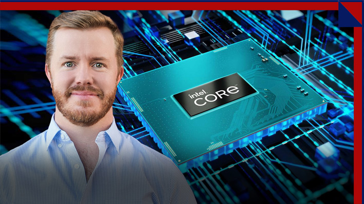 Intel's Dan Rogers in front of a 12th Gen Core Alder Lake HX CPU