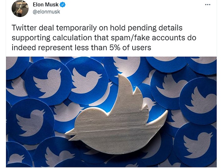 Musk Presses Pause On Twitter Deal Because Of Spam Bots