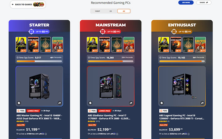 Results from using Newegg's Gaming PC Finder tool