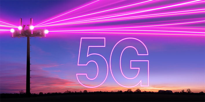 T-Mobile cellular tower at night with "5G" written on the image