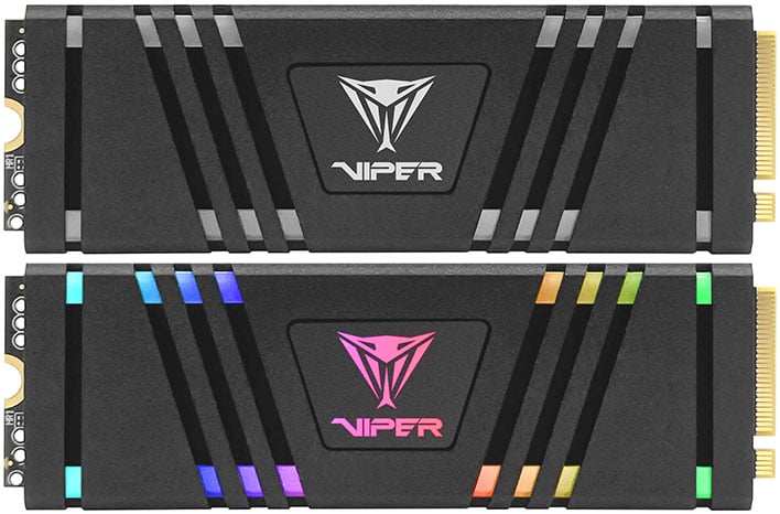 Два твердотельных накопителя Viper Gaming VPR400, один с включенной RGB-подсветкой, а другой с выключенной подсветкой.