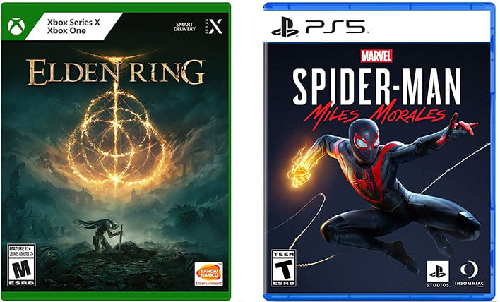 Elden Ring (Xbox) and Spider-Man (PS5) game boxes