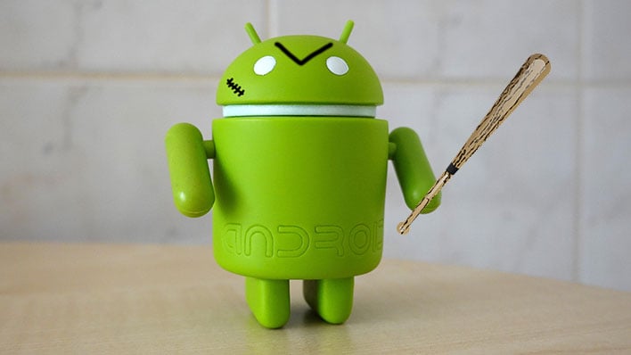 Android doll looking angry and holding a baseball bat