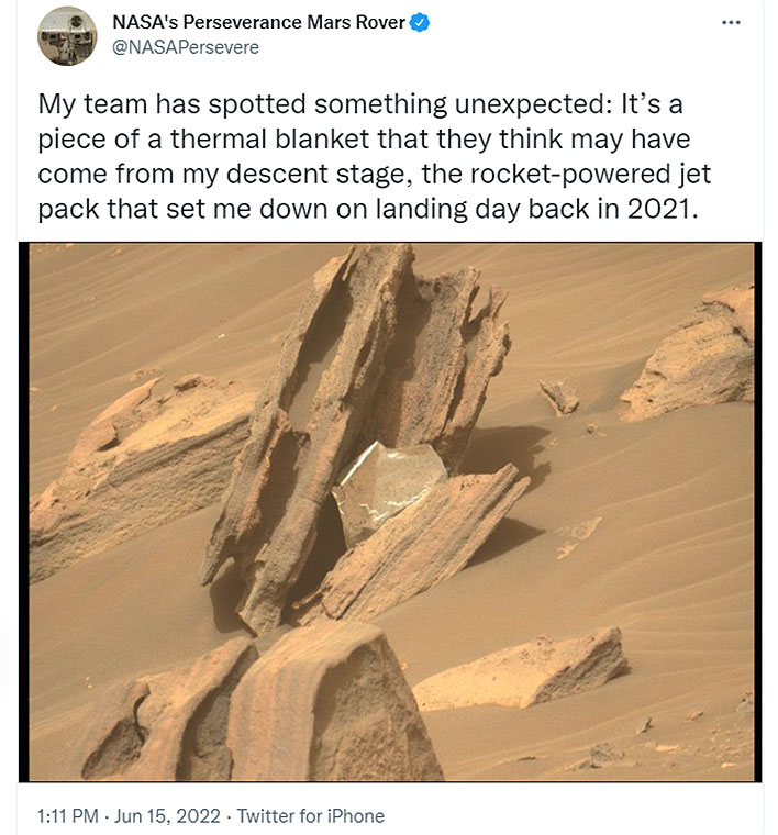 NASA's Twitter post on its Mars rover finding debris.