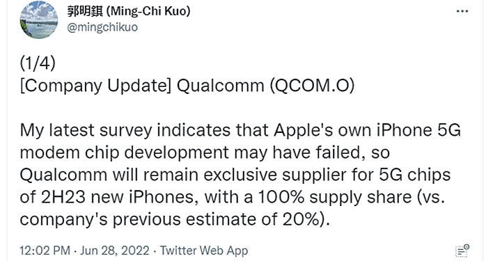 Аналитик Apple Минг-Чи Куо опубликовал в Твиттере прогноз.