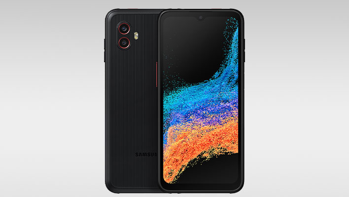 Samsung Galaxy XCover 6 Pro on a gray gradient background