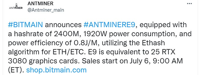 В твиттере Bitmain сообщается о выпуске ASIC Antminer E9