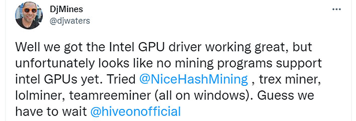 Intel Arc mining tweet