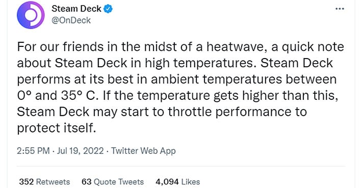 Steam Deck tweet on temps