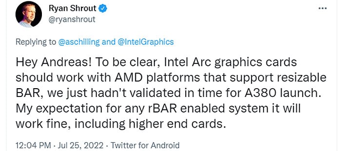 Райан Шраут из Intel пишет в Твиттере об изменяемом размере BAR на платформе Arc с платформами AMD.