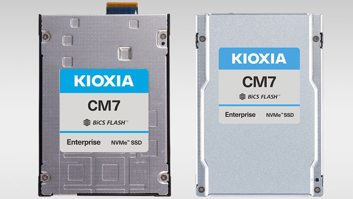 Kioxia CM7 series SSDs on a gray gradient background