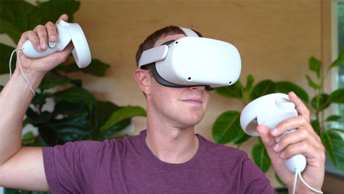 Mark Zuckerberg wearing the Meta Quest 2 VR headset