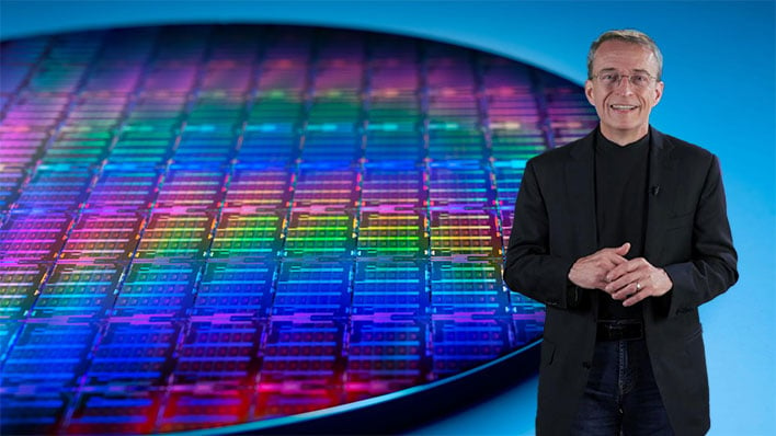 Intel CEO Pat Gelsinger in front of a chip wafer