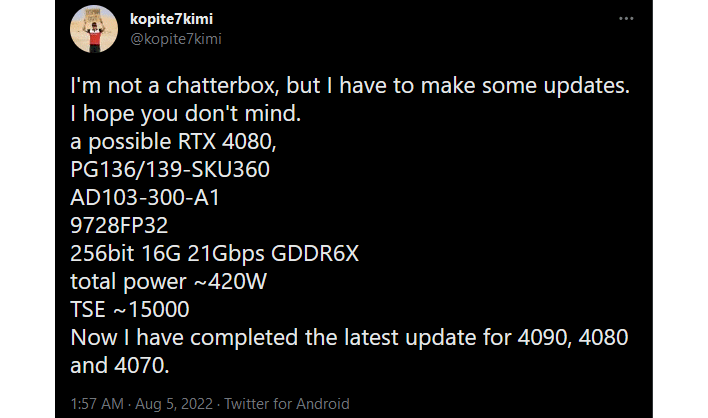 kopite7kimi tweet rtx4080 latestupdate aug0822