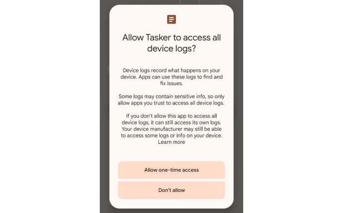 разрешить Tasker однократный доступ к журналам устройства