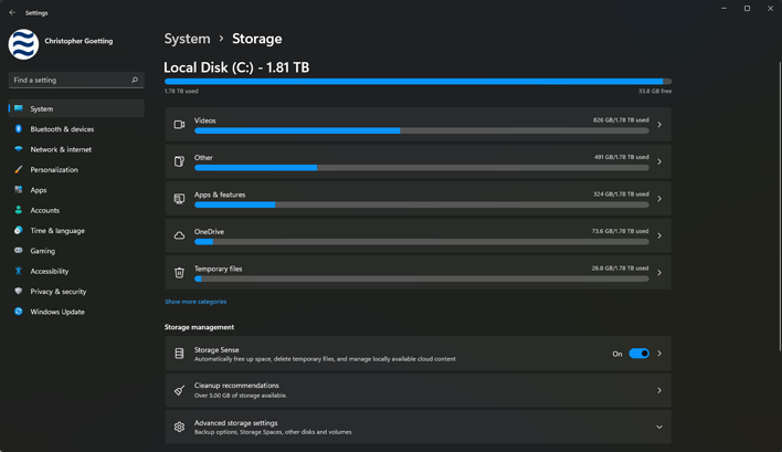 storage cleanup data categories