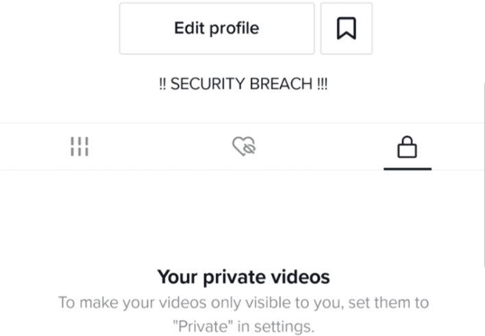 compromised tiktok account displaying security breach message news