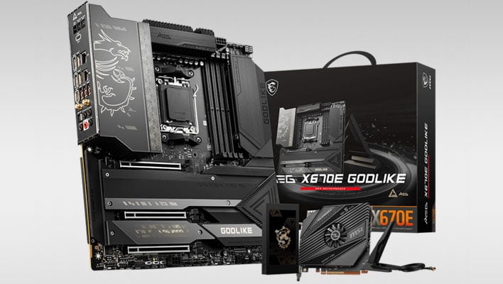 MSI MEG X670E Godlike motherboard with retail packaging on a gray gradient background.