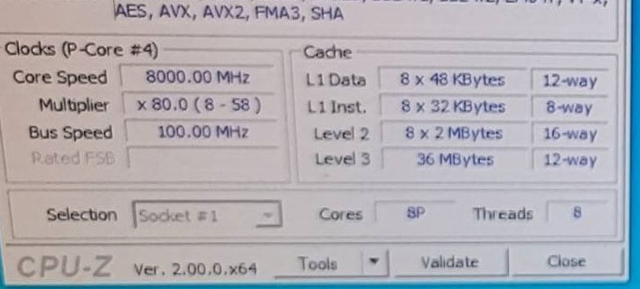 CPU-Z показывает 8 ГГц для процессора Core i9-13900K