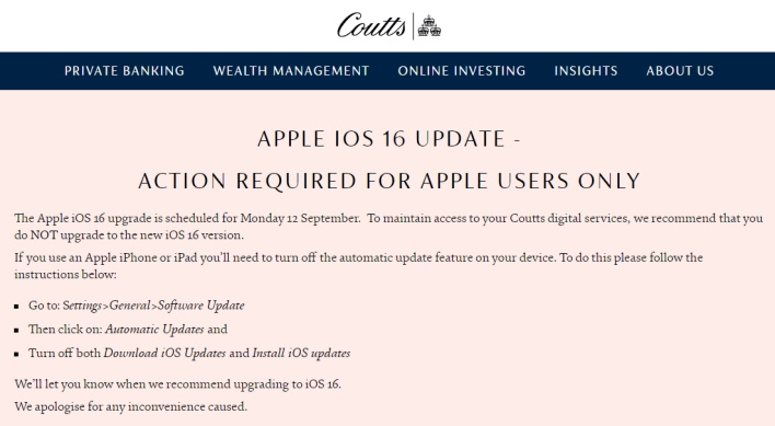 coutts ios 16 warning message