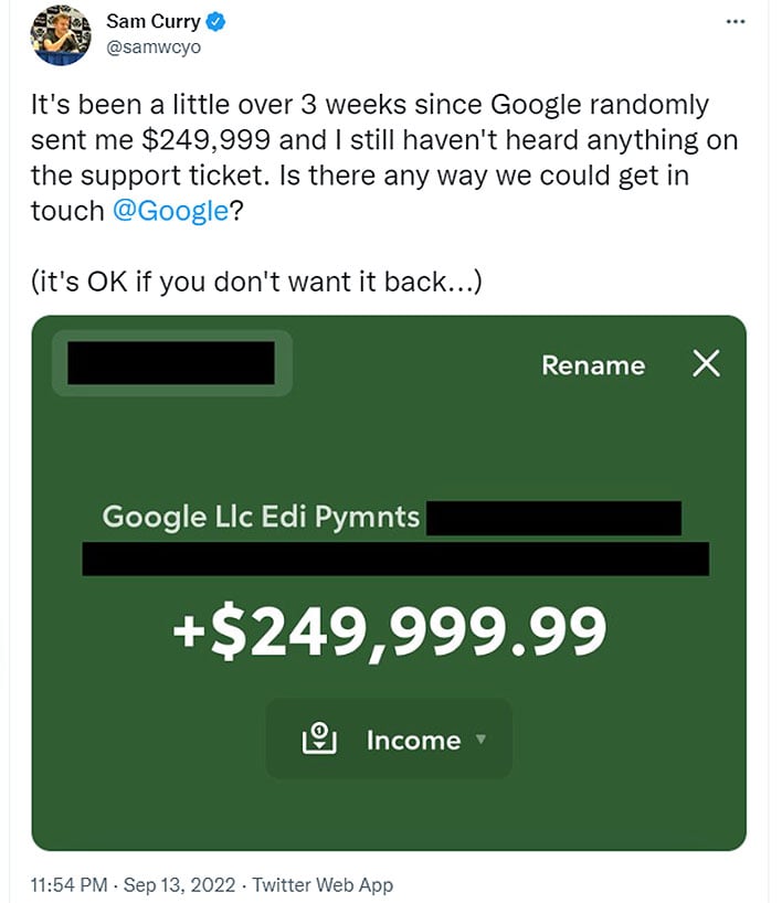 Сообщение в Твиттере о выплате Google 249 999 долларов не тому человеку.