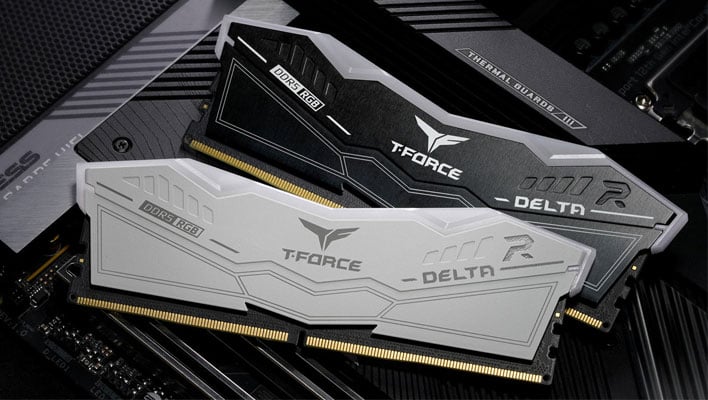 Teamgroup T-Force Delta RAM modules laying on an ASUS motherboard.