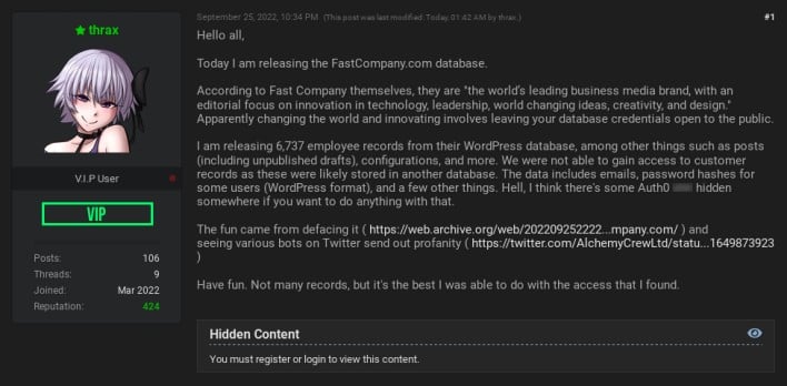 breach forums post announcing fast company hack news