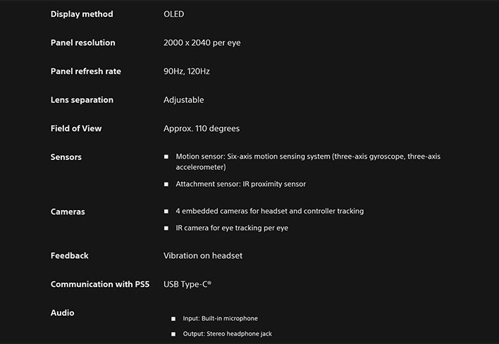 Sony PSVR2 headset specifications