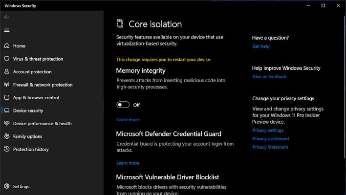 windows 11 core isolation memory integrity