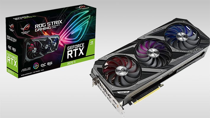 ASUS ROG Strix GeForce RTX 3070 Ti OC Edition card and retail box on a gray gradient background.