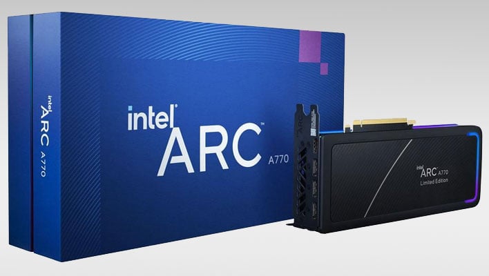 Intel Arc A770 LE graphics card with retail box on a gray gradient background.