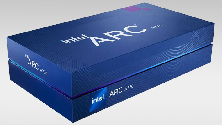 Intel Arc A770 retail box on a gray gradient background.