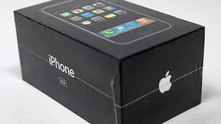 Apple's 2007 iPhone in a sealed retail box.