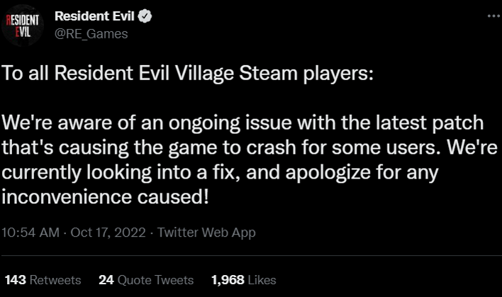 resident evil crash tweet