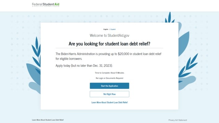 federal student aid landing page promoting debt relief news