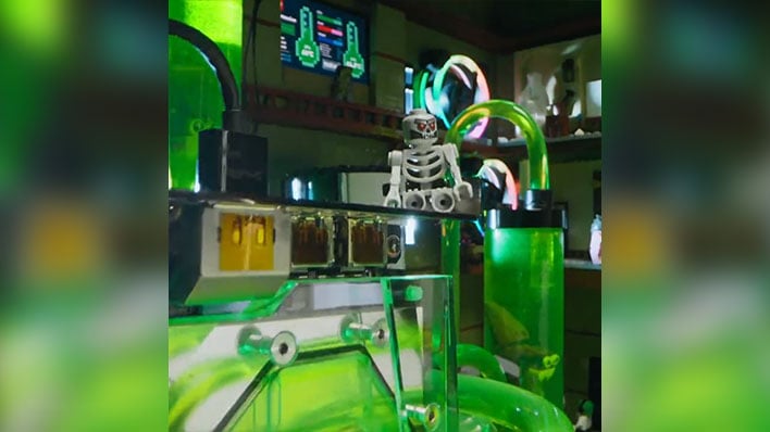 Inside LEGO's Halloween-themed gaming PC showing a skeleton sitting on a cooler.