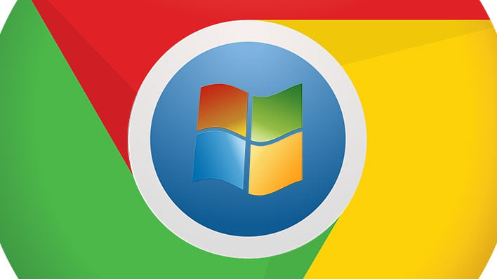 Closeup of Google's Chrome logo with a Windows logo in the center.