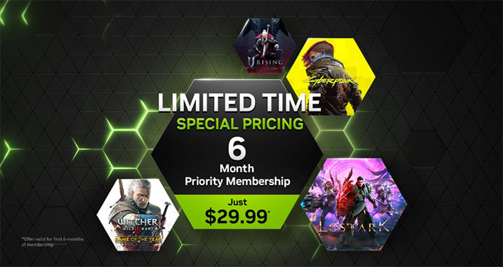GeForce NOW banner advertising special pricing for a 6-month Priority tier membership
