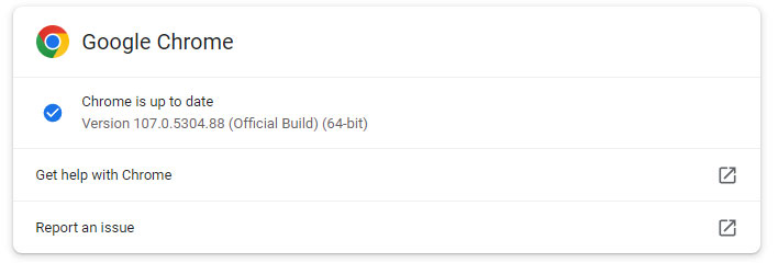 Google Chrome's About screen showing the version number.