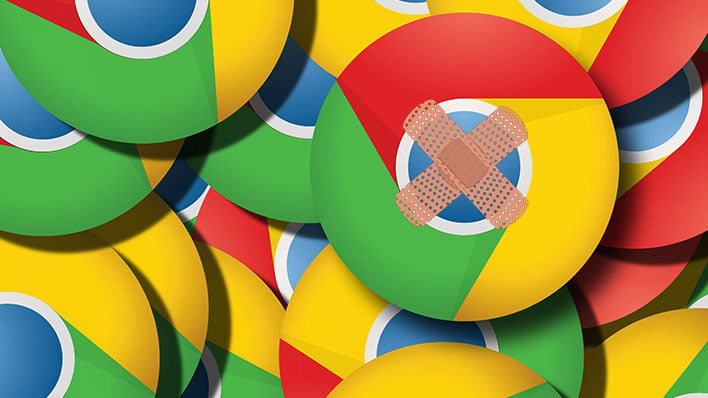 A pile of Google Chrome logos with a larger one donning a bandage.